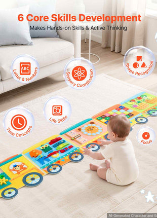 Felt Wall Busy Board, 14-in-1 Train Foldable Montessori Activity Toys, Travel Daycare, Classroom, Playroom, Home, Educational Sensory Panel, with Letters Fruits Vegetables Clock Learning Pieces