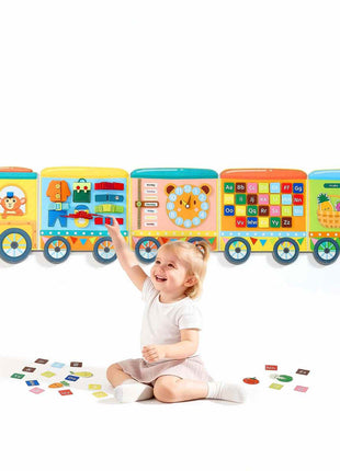 Felt Wall Busy Board, 14-in-1 Train Foldable Montessori Activity Toys, Travel Daycare, Classroom, Playroom, Home, Educational Sensory Panel, with Letters Fruits Vegetables Clock Learning Pieces