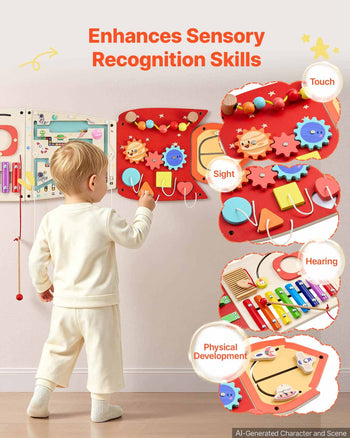 Wall Busy Board, 13-in-1 Rocket Montessori Sensory Activity Panels, Learning Activity Center for Daycare, Classroom, Playroom, and Home, Sturdy Wooden Educational Toys, with Mounting Hardware