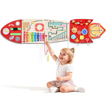 Wall Busy Board, 13-in-1 Rocket Montessori Sensory Activity Panels, Learning Activity Center for Daycare, Classroom, Playroom, and Home, Sturdy Wooden Educational Toys, with Mounting Hardware