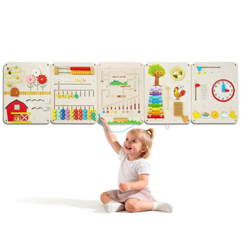 Wall Busy Board, 16-in-1 5 Panels Montessori Sensory Activity Panels, Learning Activity Center for Daycare, Classroom, Playroom, and Home, Sturdy Wooden Educational Toys, with Mounting Hardware