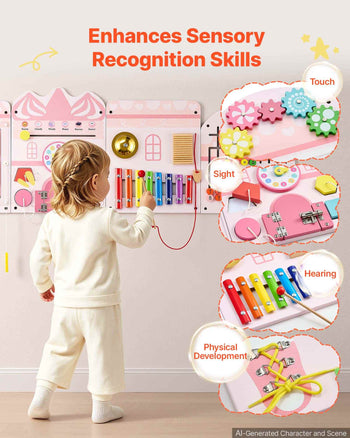 Wall Busy Board, 14-in-1 Castle Montessori Sensory Activity Panels, Learning Activity Center for Daycare, Classroom, Playroom, and Home, Sturdy Wooden Educational Toys, with Mounting Hardware