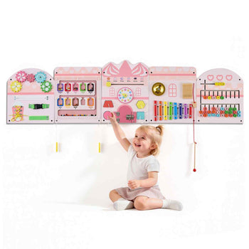 Wall Busy Board, 14-in-1 Castle Montessori Sensory Activity Panels, Learning Activity Center for Daycare, Classroom, Playroom, and Home, Sturdy Wooden Educational Toys, with Mounting Hardware