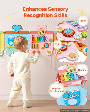 Wall Busy Board, 18-in-1 Train Montessori Sensory Activity Panels, Learning Activity Center for Daycare, Classroom, Playroom, and Home, Sturdy Wooden Educational Toys, with Mounting Hardware