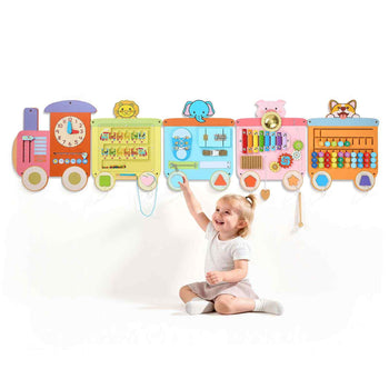 Wall Busy Board, 18-in-1 Train Montessori Sensory Activity Panels, Learning Activity Center for Daycare, Classroom, Playroom, and Home, Sturdy Wooden Educational Toys, with Mounting Hardware