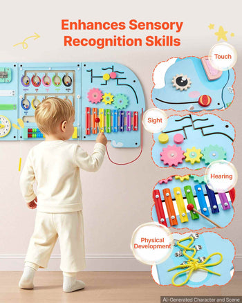 Wall Busy Board, 14-in-1 Elephant Montessori Sensory Activity Panels, Learning Activity Center for Daycare, Classroom, Playroom, and Home, Sturdy Wooden Educational Toys, with Mounting Hardware