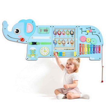 Wall Busy Board, 14-in-1 Elephant Montessori Sensory Activity Panels, Learning Activity Center for Daycare, Classroom, Playroom, and Home, Sturdy Wooden Educational Toys, with Mounting Hardware