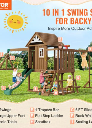 Wooden Swing Set, 10 IN 1 Playground Sets for Backyards, 2 Swings, Trapeze Bar, 6FT Slide, Large Upper Fort with Kitchen Toys, Flat Step Ladder, Rock Wall, Picnic Table, Sandbox, Scaling Ladder