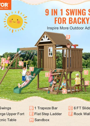 Wooden Swing Set, 9 IN 1 Outdoor Playground Sets for Backyards, 2 Swings, Trapeze Bar, 6 FT Slide, Large Upper Fort with Kitchen Toys, Flat Step Ladder, Rock Wall, Picnic Table, Sandbox