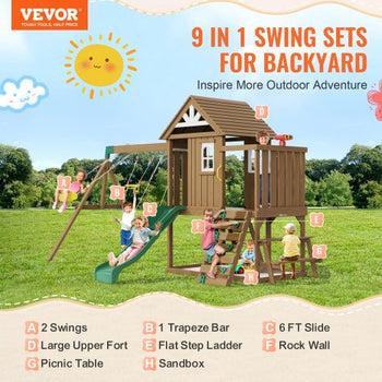 Wooden Swing Set, 9 IN 1 Outdoor Playground Sets for Backyards, 2 Swings, Trapeze Bar, 6 FT Slide, Large Upper Fort with Kitchen Toys, Flat Step Ladder, Rock Wall, Picnic Table, Sandbox