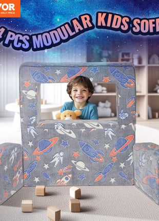 Kids Couch, 4Pcs Toddler Couch Sofa Bed, Kids Chair Seat Playroom Furniture, Child Sectional Sofa with Removable Cover for Kids Girls & Boys, Dark Grey