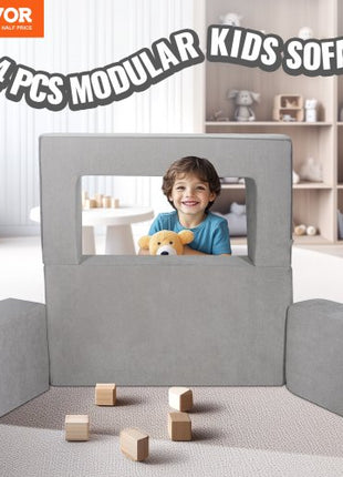Kids Couch, 4Pcs Modular Kids Play Couch, Toddler Couch Sofa Bed, Kids Chair Seat Playroom Furniture, Child Sectional Sofa with Removable Cover for Kids Girls & Boys, Grey