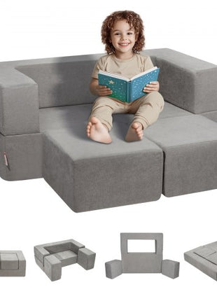 Kids Couch, 4Pcs Modular Kids Play Couch, Toddler Couch Sofa Bed, Kids Chair Seat Playroom Furniture, Child Sectional Sofa with Removable Cover for Kids Girls & Boys, Grey