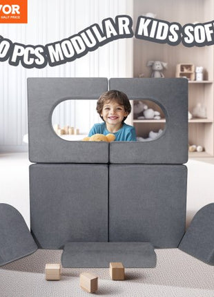 Kids Couch, 10Pcs Modular Kids Play Couch, Toddler Couch Sofa Bed, Kids Chair Seat Playroom Furniture, Kids Sofa with Removable Cover for Kids Girls & Boys, Grey