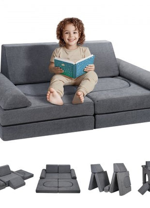 Kids Couch, 10Pcs Modular Kids Play Couch, Toddler Couch Sofa Bed, Kids Chair Seat Playroom Furniture, Kids Sofa with Removable Cover for Kids Girls & Boys, Grey