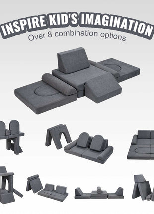 Kids Couch, 10Pcs Modular Kids Play Couch, Toddler Couch Sofa Bed, Kids Chair Seat Playroom Furniture, Kids Sofa with Removable Cover for Kids Girls & Boys, Grey