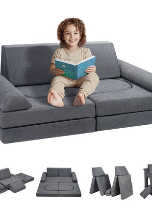 Kids Couch, 10Pcs Modular Kids Play Couch, Toddler Couch Sofa Bed, Kids Chair Seat Playroom Furniture, Kids Sofa with Removable Cover for Kids Girls & Boys, Grey