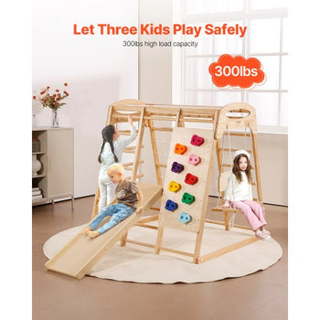 Indoor Jungle Gym, 7-in-1 Toddler Indoor Playground, 43 x 47.2 x 47 inch, with Wood and Rope Ladder, Net Ladder, Swing, Monkey Bar, Slide, Climbing Wall, Wooden Indoor Climbing Toys for Kids