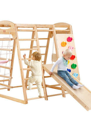 Indoor Jungle Gym, 7-in-1 Toddler Indoor Playground, 43 x 47.2 x 47 inch, with Wood and Rope Ladder, Net Ladder, Swing, Monkey Bar, Slide, Climbing Wall, Wooden Indoor Climbing Toys for Kids