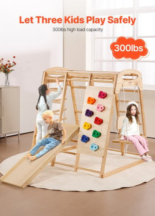 Indoor Jungle Gym, 7-in-1 Toddler Indoor Playground, 47.2 x 58 x 56 inch, with Wood and Rope Ladder, Net Ladder, Swing, Monkey Bar, Slide, Climbing Wall, Wooden Indoor Climbing Toys for Kids