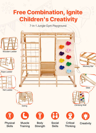 Indoor Jungle Gym, 7-in-1 Toddler Indoor Playground, 47.2 x 58 x 56 inch, with Wood and Rope Ladder, Net Ladder, Swing, Monkey Bar, Slide, Climbing Wall, Wooden Indoor Climbing Toys for Kids