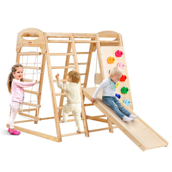 Indoor Jungle Gym, 7-in-1 Toddler Indoor Playground, 47.2 x 58 x 56 inch, with Wood and Rope Ladder, Net Ladder, Swing, Monkey Bar, Slide, Climbing Wall, Wooden Indoor Climbing Toys for Kids