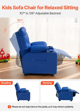 Kids Reclining Chair, Toddler Recliner with 2 Cup Holders and 4 Pockets, 107° to 126° Adjustable Back, Easy-to-Clean PU Leather Recliner Couch with Footrest, for Boys, Girls & Children (Blue)