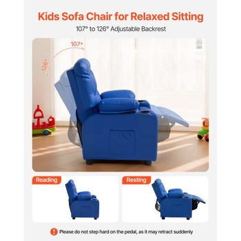 Kids Reclining Chair, Toddler Recliner with 2 Cup Holders and 4 Pockets, 107° to 126° Adjustable Back, Easy-to-Clean PU Leather Recliner Couch with Footrest, for Boys, Girls & Children (Blue)