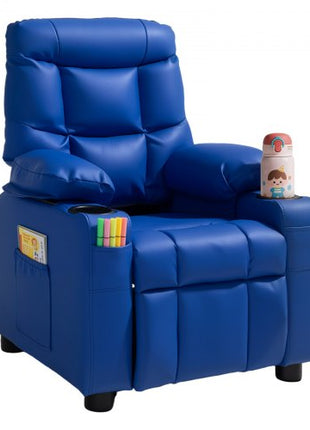 Kids Reclining Chair, Toddler Recliner with 2 Cup Holders and 4 Pockets, 107° to 126° Adjustable Back, Easy-to-Clean PU Leather Recliner Couch with Footrest, for Boys, Girls & Children (Blue)