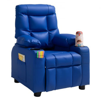 Kids Reclining Chair, Toddler Recliner with 2 Cup Holders and 4 Pockets, 107° to 126° Adjustable Back, Easy-to-Clean PU Leather Recliner Couch with Footrest, for Boys, Girls & Children (Blue)