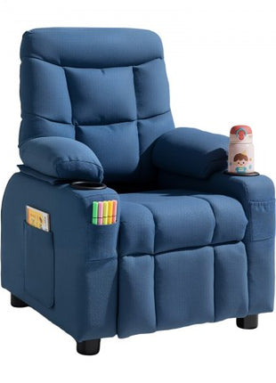 Kids Recliner Chair, Toddler Lounger with Cup Holders & Pockets, 107° to 126° Adjustable Back, Breathable Polyester Upholstery Reclining Sofa with Foot-rest, for Boys and Girls, Children (Blue)