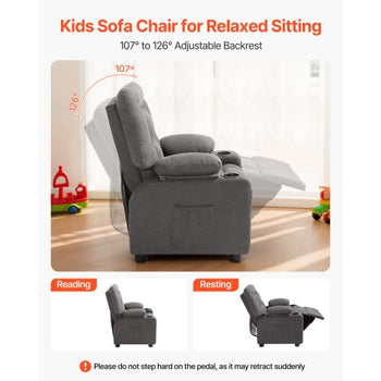 Kids Recliner Chair, Toddler Lounger with Cup Holders & Pockets, 107° to 126° Adjustable Back, Breathable Polyester Upholstery Reclining Sofa with Foot-rest, for Boys and Girls, Children (Gray)