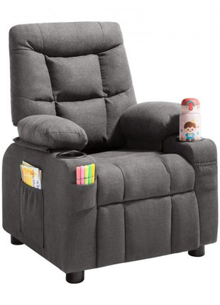 Kids Recliner Chair, Toddler Lounger with Cup Holders & Pockets, 107° to 126° Adjustable Back, Breathable Polyester Upholstery Reclining Sofa with Foot-rest, for Boys and Girls, Children (Gray)