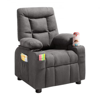 Kids Recliner Chair, Toddler Lounger with Cup Holders & Pockets, 107° to 126° Adjustable Back, Breathable Polyester Upholstery Reclining Sofa with Foot-rest, for Boys and Girls, Children (Gray)