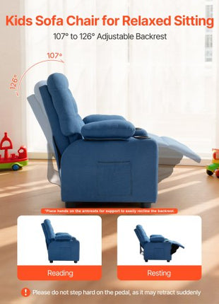 Kids Reclining Chair, Toddler Recliner with Cup Holders and Pockets, 107° to 126° Adjustable Backrest, Breathable Polyester Fabric Recliner Couch with Footrest, for Boys & Girls, Children(Blue)