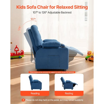 Kids Reclining Chair, Toddler Recliner with Cup Holders and Pockets, 107° to 126° Adjustable Backrest, Breathable Polyester Fabric Recliner Couch with Footrest, for Boys & Girls, Children(Blue)