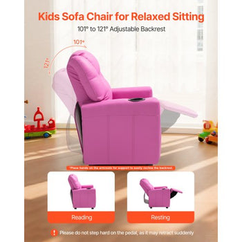 Kids Reclining Chair, Toddler Recliner with Cup Holder, 101° to 121° Adjustable Backrest, Easy-to-Clean PU Leather Recliner Couch with Footrest, 90 lbs Load, for Boys & Girls, Children (Pink)
