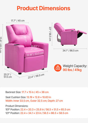 Kids Reclining Chair, Toddler Recliner with Cup Holder, 101° to 121° Adjustable Backrest, Easy-to-Clean PU Leather Recliner Couch with Footrest, 90 lbs Load, for Boys & Girls, Children (Pink)