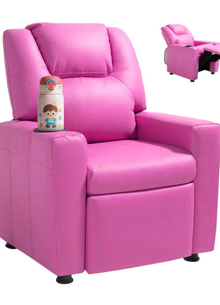 Kids Reclining Chair, Toddler Recliner with Cup Holder, 101° to 121° Adjustable Backrest, Easy-to-Clean PU Leather Recliner Couch with Footrest, 90 lbs Load, for Boys & Girls, Children (Pink)