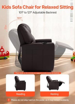 Kids Reclining Chair, Toddler Recliner with Cup Holder, 101° to 121° Adjustable Backrest, Easy-to-Clean PU Leather Recliner Couch with Footrest, 90 lbs Load, for Boys & Girls, Children (Brown)