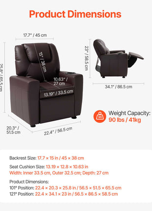 Kids Reclining Chair, Toddler Recliner with Cup Holder, 101° to 121° Adjustable Backrest, Easy-to-Clean PU Leather Recliner Couch with Footrest, 90 lbs Load, for Boys & Girls, Children (Brown)