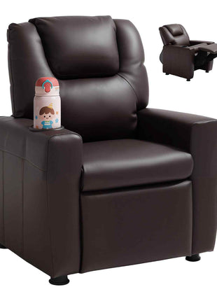 Kids Reclining Chair, Toddler Recliner with Cup Holder, 101° to 121° Adjustable Backrest, Easy-to-Clean PU Leather Recliner Couch with Footrest, 90 lbs Load, for Boys & Girls, Children (Brown)