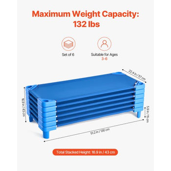 Stackable Kiddie Cot, Pack of 6,  Portable Toddler Nap Cots, Standard Size 52" L x 23" W Daycare Cots for Kids, Preschool Classroom Daycare Beds for Sleeping, Resting, Naptime, Blue
