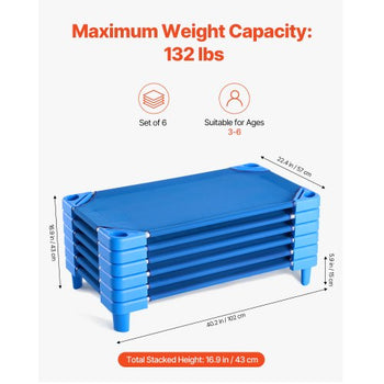 Stackable Kiddie Cot, Pack of 6,  Portable Toddler Nap Cots, Standard Size 40" L x 23" W Daycare Cots for Kids, Preschool Classroom Daycare Beds for Sleeping, Resting, Naptime, Blue