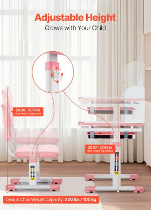Kids Study Chair and Desk Set, Study Desk and Chair for Kids with Bookshelf and Storage Drawer, Adjustable Height Kids Study Desk with Chair, Children Study Table for Bedroom & Study Room, Pink