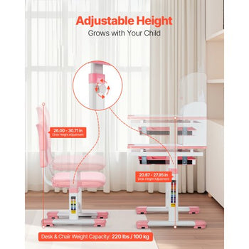 Kids Study Chair and Desk Set, Study Desk and Chair for Kids with Bookshelf and Storage Drawer, Adjustable Height Kids Study Desk with Chair, Children Study Table for Bedroom & Study Room, Pink