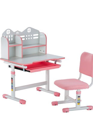 Kids Study Chair and Desk Set, Study Desk and Chair for Kids with Bookshelf and Storage Drawer, Adjustable Height Kids Study Desk with Chair, Children Study Table for Bedroom & Study Room, Pink