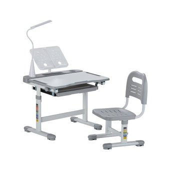 Kids Study Chair and Desk Set, Study Desk and Chair for Kids with Table Lamp, Adjustable Height & 0-40° Tilted Desktop Kids Desk and Chair, Children Study Table for Bedroom & Study Room, Grey