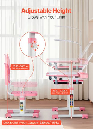 Kids Study Chair and Desk Set, Study Desk and Chair for Kids with Table Lamp, Adjustable Height & 0-40° Tilted Desktop Kids Desk and Chair, Children Study Table for Bedroom & Study Room, Pink