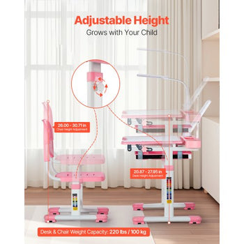 Kids Study Chair and Desk Set, Study Desk and Chair for Kids with Table Lamp, Adjustable Height & 0-40° Tilted Desktop Kids Desk and Chair, Children Study Table for Bedroom & Study Room, Pink